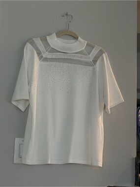 Love Ever After Women’s Short Sleeve Knit Top with Sheer Yoke - Ivory
